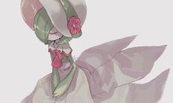 bob_cut closed_eyes creatures_(company) dress flower game_freak gardevoir gardevoir_(fashionable) gen_3_pokemon green_hair grey_background hair_over_one_eye hat hat_flower inunemui nintendo pokemon pokemon_(creature) pokemon_unite signature simple_background v_arms white_dress