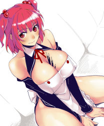Rule 34 | 1girl, alternate costume, bare shoulders, between breasts, breasts, cleavage, dream c club, dream c club (series), fang, female focus, food, large breasts, onozuka komachi, pocky, red hair, short hair, sitting, solo, spread legs, thighs, touhou, twintails, two side up, yurikawa