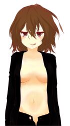 Rule 34 | 1girl, black pants, black shirt, breasts, brown eyes, brown hair, commentary request, hair between eyes, i.u.y, light blush, long sleeves, looking at viewer, medium breasts, medium hair, messy hair, misaka worst, navel, no bra, no panties, open clothes, open pants, open shirt, pants, shirt, simple background, smile, solo, stomach, toaru majutsu no index, tongue, tongue out, upper body, white background