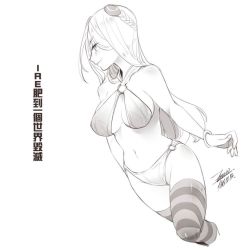 Rule 34 | 1girl, breasts, character request, chinese text, closed mouth, ejami, greyscale, irelia, league of legends, long hair, monochrome, navel, simple background, smile, solo, swimsuit, thighhighs, translation request, white background