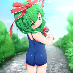 Rule 34 | 1girl, aged down, ass, child, cloud, day, female focus, from behind, front ponytail, green eyes, green hair, hair ribbon, kagiyama hina, long hair, looking back, matching hair/eyes, nature, one-piece swimsuit, ribbon, river, school swimsuit, sky, solo, swimsuit, touhou, waribashi-p, water