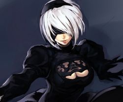 Rule 34 | 1girl, blindfold, breasts, cleavage, cleavage cutout, clothing cutout, grey background, hairband, hungry clicker, mole, mole under mouth, nier (series), nier:automata, simple background, solo, white hair, 2b (nier:automata)