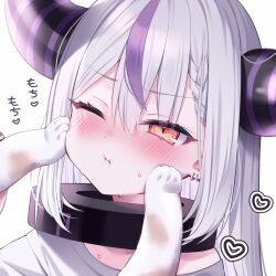 Rule 34 | 1girl, alternate costume, animal hands, black horns, blush, braid, braided bangs, cat paws, collar, earrings, heart, highres, hololive, horns, jewelry, la+ darknesss, metal collar, multicolored hair, one eye closed, pointy ears, pout, purple hair, shu bii, streaked hair, striped horns, sweat, virtual youtuber