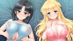Rule 34 | 2girls, bare shoulders, bed, black hair, blonde hair, blue eyes, blush, breasts squeezed together, breasts, cleavage, closed mouth, game cg, green eyes, hands on own chest, huge breasts, large breasts, lingerie, lizabell worth, long hair, looking at viewer, loretta magnamia, lying, multiple girls, nipples, on bed, original, paizuri fiancee, see-through, short hair with long locks, smile, underwear, uni8, upper body