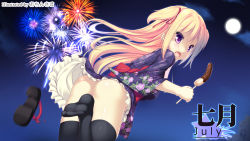 Rule 34 | 1girl, artist name, ass, black thighhighs, blonde hair, chocolate banana, feet, fireworks, frilled kimono, frills, from behind, full moon, gradient background, highres, japanese clothes, july, kimono, long hair, moon, night, night sky, ochinsama, original, purple eyes, sandals, unworn sandals, sky, solo, thighhighs, two side up