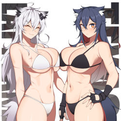 Rule 34 | 2girls, ^ ^, animal ear fluff, animal ears, arknights, asymmetrical docking, bare shoulders, bikini, black gloves, black hair, breast press, breasts, brown eyes, closed eyes, commentary, cowboy shot, english commentary, fingerless gloves, gloves, groin, hair between eyes, hand on own hip, hanenosaki, highres, lappland (arknights), large breasts, long hair, multiple girls, navel, scar, scar across eye, scar on face, silver hair, simple background, smile, standing, stomach, swimsuit, tail, texas (arknights), very long hair, white background, white bikini, wolf ears, wolf tail