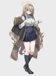 Rule 34 | 1girl, absurdres, akane (blue archive), alternate costume, black socks, blue archive, flat chest, full body, glasses, grey background, halo, highres, koisuke, looking at viewer, scarf, school uniform, shirt, shoes, simple background, socks, solo, standing, white shirt