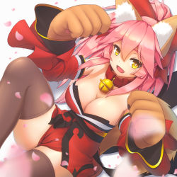 Rule 34 | 1girl, animal ears, animal hands, bell, black thighhighs, breasts, cleavage, collar, fangs, fate/grand order, fate (series), fox ears, fox tail, hair ribbon, highres, large breasts, long hair, looking at viewer, neck bell, open mouth, pink hair, ribbon, solo, tail, tamamo (fate), tamamo cat (fate), tamamo cat (first ascension) (fate), tamamo no mae (fate/extra), thighhighs, yellow eyes
