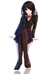 Rule 34 | 1girl, artist request, black hair, crossed legs, date a live, highres, long hair, looking at viewer, one eye closed, pantyhose, pleated skirt, red eyes, school uniform, simple background, sitting, skirt, solo, thighs, tokisaki kurumi, white background