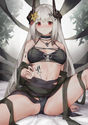 Rule 34 | 1girl, arknights, bare legs, bare shoulders, bikini, black bikini, black ribbon, blush, breasts, breasts apart, closed mouth, collar, collarbone, feet out of frame, flower, gradient background, grey background, hair flower, hair ornament, highres, horns, infection monitor (arknights), jewelry, knee up, large breasts, long hair, looking at viewer, material growth, mudrock (arknights), mudrock (silent night) (arknights), nashidrop, necklace, official alternate costume, oripathy lesion (arknights), pointy ears, red eyes, ribbon, see-through, sidelocks, silver hair, solo, spread legs, stomach, swimsuit, thighs, underboob, very long hair, yellow flower