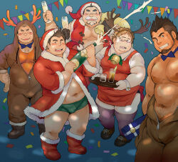 Rule 34 | 5boys, animal costume, bara, beard, belly, bottle, celebration, christmas, confetti, dark-skinned male, dark skin, facial hair, fat, fat man, full beard, glasses, hat, holding, holding tray, large pectorals, male focus, mature male, multiple boys, muscular, muscular male, mustache, nekomaru (tanukimaru), nipples, old, old man, original, pectorals, red headwear, reindeer costume, santa costume, santa hat, short hair, sparse chest hair, sparse navel hair, thick eyebrows, thick mustache, tray, undercut, wine bottle