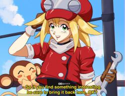 Rule 34 | 1girl, artistc0, black bodysuit, blonde hair, bodysuit, brown gloves, cropped legs, data (mega man), english text, gloves, green eyes, highres, holding, holding wrench, looking at viewer, mega man (series), mega man legends (series), monkey, open mouth, red headwear, red shirt, roll caskett (mega man), shirt, signature, sky, smile, subtitled, teeth, thumbs up, wrench