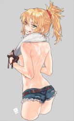 Rule 34 | 1girl, ass, back, bandaid, bandaid on face, belt, black gloves, blonde hair, blush, braid, breasts, brown belt, commentary request, cowboy shot, cropped legs, denim, denim shorts, fate/apocrypha, fate (series), fingerless gloves, french braid, from behind, gloves, green eyes, grey background, hair ornament, hair scrunchie, kissai, long hair, looking at viewer, looking back, medium breasts, mordred (fate), mordred (fate/apocrypha), ponytail, red scrunchie, scrunchie, short shorts, shorts, simple background, smile, solo, topless, towel