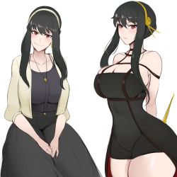 Rule 34 | 1girl, bare shoulders, black dress, black hair, breasts, cleavage, dress, hairband, jewelry, kisou (kisou00), large breasts, necklace, open clothes, red eyes, sidelocks, simple background, smile, solo, spy x family, thick thighs, thighs, two-sided dress, two-sided fabric, white background, yor briar