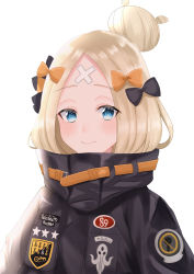 Rule 34 | 1girl, abigail williams (fate), abigail williams (traveling outfit) (fate), absurdres, bandaid, bandaid on face, bandaid on forehead, belt, black bow, black jacket, blonde hair, blue eyes, blush, bow, breasts, closed mouth, crossed bandaids, doctor 0927, fate/grand order, fate (series), forehead, hair bow, hair bun, heroic spirit traveling outfit, high collar, highres, jacket, long hair, long sleeves, looking at viewer, multiple hair bows, official alternate costume, orange belt, orange bow, parted bangs, simple background, single hair bun, small breasts, white background