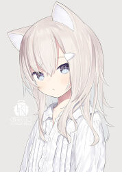 Rule 34 | 1girl, :&lt;, animal ear fluff, animal ears, artist name, blue eyes, blush, capriccio, cat ears, cat girl, center frills, closed mouth, collared shirt, commentary request, dress shirt, frills, grey background, hair between eyes, hair ornament, hairclip, light brown hair, long hair, looking at viewer, original, parted lips, shirt, simple background, solo, triangle mouth, upper body, white background, white shirt