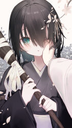 Rule 34 | 1girl, 1other, ;o, black hair, branch, commentary request, green eyes, grey kimono, hair between eyes, hair ornament, hairclip, hand on another&#039;s face, highres, holding, japanese clothes, kimono, long sleeves, looking at viewer, one eye closed, original, out of frame, parted lips, petals, solo focus, tokuno yuika, wide sleeves