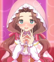 Rule 34 | 1girl, blush, brown hair, checkered clothes, choker, forehead, frilled choker, frilled sleeves, frills, green eyes, heart, heart-shaped pupils, highres, idolmaster, idolmaster cinderella girls, kahiika, kusakabe wakaba, lens flare, long hair, parted bangs, pink hood, smile, solo, sparkle, symbol-shaped pupils, thick eyebrows, twintails, upper body, wavy hair
