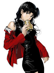 Rule 34 | 1girl, absurdres, beer can, black dress, black eyes, black hair, breasts, can, covering own mouth, cowboy shot, dress, drink can, earrings, hand up, head tilt, highres, holding, holding can, jacket, jewelry, katsuragi misato, long hair, long sleeves, looking at viewer, medium breasts, neon genesis evangelion, red jacket, satou koromi, simple background, sleeveless, sleeveless dress, solo, standing, stud earrings, weibo logo, weibo username, white background