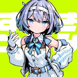 Rule 34 | 1girl, armpits, belt, blue belt, blue bow, blue bowtie, blue eyes, blue hair, blush, bob cut, bow, bowtie, cevio, chain, character name, closed mouth, collared shirt, commentary request, contrapposto, demusato (udmp), detached sleeves, gloves, gold chain, green background, hairband, halftone, hand in pocket, hand on own hip, hand up, head tilt, highres, jacket, long sleeves, looking at viewer, open clothes, open jacket, pixel art, puffy long sleeves, puffy sleeves, quilted clothes, ribbed shirt, shirt, short hair, shorts, sleeveless, sleeveless jacket, smile, solo, suzuki tsudumi, text background, upper body, white gloves, white hairband, white jacket, white shirt, white shorts
