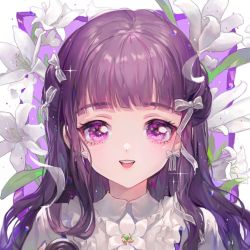 Rule 34 | 1girl, blunt bangs, border, bow, bow earrings, cardcaptor sakura, daidouji tomoyo, earrings, floral background, flower, flower request, frilled shirt, frills, hair bow, hair ribbon, jewelry, lily (flower), long hair, looking at viewer, maccha (mochancc), open mouth, outside border, portrait, purple background, purple eyes, purple hair, ribbon, shirt, sidelocks, smile, solo, sparkle, sparkling eyes, star (symbol), tress ribbon, white border, white bow, white flower, white ribbon, white shirt