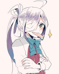 Rule 34 | 10s, 1girl, asashimo (kancolle), biting, crossed arms, food in mouth, grey eyes, hair over one eye, itomugi-kun, kantai collection, long hair, ponytail, school uniform, silver hair, smile, solo
