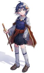 Rule 34 | 1girl, ahoge, black skirt, blue eyes, blue hair, cape, closed mouth, crescent, crescent hair ornament, full body, hair between eyes, hair ornament, highres, holding, holding sword, holding weapon, loafers, long sleeves, looking at viewer, loose socks, pointy ears, red cape, rena lanford, rn ragtime, shadow, shirt, shoes, short hair, simple background, skirt, smile, socks, solo, standing, star ocean, star ocean the second story, sword, thighhighs, weapon, white background, white shirt, white thighhighs