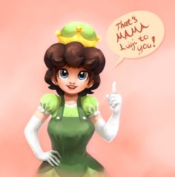 Rule 34 | 1girl, blue eyes, breasts, brown hair, commentary, dress, elbow gloves, english commentary, english text, gloves, green dress, highres, luigi, mario (series), meme, new super mario bros. u deluxe, nintendo, pink background, puffy short sleeves, puffy sleeves, short hair, short sleeves, simple background, smile, speech bubble, super crown, super mario world (cartoon), transformation, white gloves, wolframclaws
