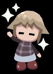 Rule 34 | 1girl, animated, animated gif, blonde hair, blue skirt, brown footwear, chibi, chibi only, closed eyes, colinarmis, commentary, english commentary, full body, highres, long sleeves, looking at viewer, looping animation, no mouth, plaid, plaid vest, purple sweater, shoes, short hair, sidelocks, simple background, skirt, solo, sparkle, sweater, transparent background, urotsuki, vest, waving, waving arm, yume 2kki