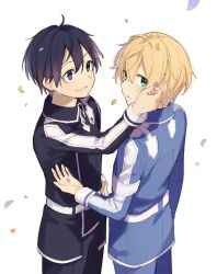 Rule 34 | 2boys, ahoge, belt, black hair, black jacket, black pants, blonde hair, blue eyes, blue jacket, blue pants, blush, commentary request, eugeo, green eyes, hand on another&#039;s face, highres, holding, jacket, jewelry, kirito, long sleeves, looking at another, looking at viewer, lower teeth only, male focus, multiple boys, noro (ro no), open mouth, pants, petals, purple eyes, short hair, simple background, smile, standing, sword art online, sword art online: alicization, teeth, uniform, white background, white belt