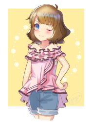 Rule 34 | 1girl, ;), ahoge, bare shoulders, blue eyes, blue shorts, brown hair, closed mouth, collarbone, cropped legs, denim, denim shorts, hand on own hip, idolmaster, idolmaster million live!, ittokyu, off-shoulder shirt, off shoulder, one eye closed, pink shirt, shirt, short shorts, shorts, signature, smile, solo, suou momoko, two-tone background, v-shaped eyebrows, white background, yellow background
