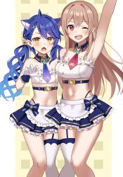 Rule 34 | 2girls, ;d, ahoge, amamiya kokoro, amamiya kokoro (cosplay), apron, arm up, armpits, asymmetrical bangs, bandeau, bare shoulders, bell, belt, blue belt, blue bow, blue hair, blue necktie, blue skirt, blush, bow, braid, breasts, brown hair, cosplay, detached collar, fang, french braid, frilled apron, frilled bandeau, frills, furen e lustario, garter straps, glastonbury1966, gloves, hair bell, hair between eyes, hair ornament, highleg, highleg panties, highres, jingle bell, large breasts, long hair, looking at viewer, midriff, miniskirt, multiple girls, navel, necktie, nijisanji, official alternate costume, one eye closed, open mouth, panties, petticoat, red eyes, red necktie, single thighhigh, skin fang, skirt, smile, stomach, strapless, thighhighs, twintails, underwear, very long hair, virtual youtuber, waist apron, white apron, white bandeau, white gloves, x hair ornament, yellow eyes