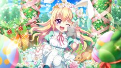 Rule 34 | 1girl, ;d, animal ears, blonde hair, blue sky, blurry, blurry foreground, bow, breasts, brown rabbit, carrot, cleavage cutout, clothing cutout, cloud, day, dot nose, dress, dutch angle, easter, easter egg, egg, fake animal ears, film grain, flower, flower wreath, game cg, green bow, green dress, green wrist cuffs, hair bow, hand on animal, hasegawa mii, head wreath, izumi tsubasu, large bow, lens flare, long hair, looking at viewer, non-web source, official art, one eye closed, open mouth, outdoors, pink flower, pink ribbon, pink rose, polka dot, polka dot ribbon, purple eyes, rabbit ears, rabbit on shoulder, re:stage!, red ribbon, ribbon, rose, sky, small breasts, smile, solo, sparkle, sparkling eyes, string of flags, sunlight, teeth, thighhighs, tree, upper teeth only, white flower, white rabbit (animal), white thighhighs