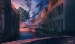 Rule 34 | absurdres, bad id, bad pixiv id, building, commentary request, grass, hakuurei amano, highres, house, night, night sky, no humans, original, outdoors, river, scenery, sky, star (sky), starry sky, tree, water, watermark