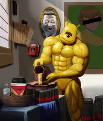 Rule 34 | 1boy, abs, basket, bottle, censored, christopher robin, day, highres, honey, identity censor, indoors, male focus, manly, muscular, muscular male, parody, pectorals, picture frame, pooh, revision, smile, solo, steroids, taka (takahirokun), window, winnie the pooh, xi jinping