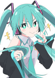 Rule 34 | 1girl, blush, closed mouth, detached sleeves, fingernails, green eyes, green hair, green nails, green necktie, hair between eyes, hatsune miku, ixy, long hair, nail polish, necktie, smile, solo, twintails, upper body, vocaloid