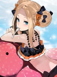 Rule 34 | 1girl, abigail williams (fate), alchemaniac, bikini, black bow, blonde hair, blue eyes, blush, bow, day, double bun, fate (series), fork, hair bow, hair bun, highres, long hair, looking at viewer, mouth hold, official alternate costume, orange bow, outdoors, parted bangs, polka dot, polka dot bow, solo, sweat, swimsuit, upper body