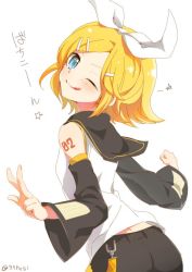 Rule 34 | 1girl, ;q, arched back, arm tattoo, ass, back, bare shoulders, blonde hair, blue eyes, blush, bow, breasts, closed mouth, detached sleeves, hair bow, hair ornament, hairclip, head tilt, headphones, headset, kagamine rin, looking at viewer, looking back, mizuhoshi taichi, nail polish, number tattoo, one eye closed, sailor collar, shirt, short hair, shorts, skinny, sleeveless, sleeveless shirt, small breasts, smile, solo, tattoo, tongue, tongue out, turning head, v-shaped eyebrows, vocaloid, w, yellow nails
