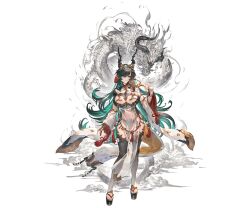 Rule 34 | 1girl, black hair, breasts, detached sleeves, dragon, draph, full body, granblue fantasy, green eyes, hair ornament, holding, horns, large breasts, long hair, minaba hideo, multicolored hair, official art, payila (granblue fantasy), pelvic curtain, pointy ears, sandals, see-through, solo, tassel, tassel hair ornament, thighhighs, third-party source, transparent background, two-tone hair, wide sleeves