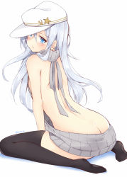 Rule 34 | 10s, 1girl, arched back, ass, backless dress, backless outfit, bare back, bare shoulders, black thighhighs, blue eyes, blush, breasts, butt crack, commentary request, dimples of venus, dress, flat cap, floating hair, full body, grey sweater, halterneck, hammer and sickle, hat, hibiki (kancolle), kantai collection, long hair, looking at viewer, looking back, meme attire, naked sweater, natsu (natume0504), ribbed sweater, signature, silver hair, simple background, sitting, small breasts, soles, solo, star (symbol), sweater, sweater dress, thighhighs, turtleneck, turtleneck sweater, twitter username, verniy (kancolle), virgin killer sweater, wariza, white background