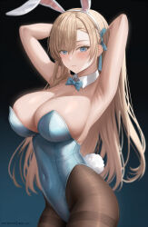 Rule 34 | 1girl, abpart, animal ears, armpits, arms behind head, asuna (blue archive), asuna (bunny) (blue archive), bare shoulders, black background, blue archive, blue background, blue bow, blue bowtie, blue eyes, blue leotard, bow, bowtie, breasts, brown pantyhose, cleavage, covered navel, detached collar, fake animal ears, fake tail, gradient background, highres, large breasts, leotard, light brown hair, long hair, looking at viewer, mole, mole on breast, official alternate costume, pantyhose, patreon username, playboy bunny, rabbit ears, rabbit tail, solo, tail