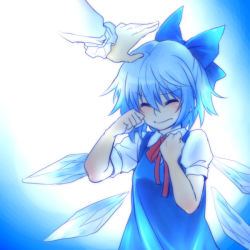 Rule 34 | 1girl, blue hair, blue theme, bow, cirno, closed eyes, embodiment of scarlet devil, gradient background, hair bow, head pat, headpat, letty whiterock, rex k, ribbon, short hair, solo focus, tears, touhou, wings