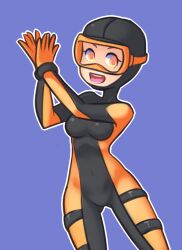 Rule 34 | 1girl, blue background, bodysuit, breasts, diving mask, diving suit, drantyno, goggles, highres, looking at viewer, open mouth, own hands together, small breasts, smile, standing, teeth, wetsuit, yellow bodysuit, yellow eyes
