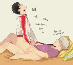 Rule 34 | 10s, 2boys, anal, ass, blanket, blush, bottomless, clothed sex, clothes, cowgirl position, katsuki yuuri, lying, male focus, male penetrated, multiple boys, pillow, sex, silver hair, straddling, sweat, viktor nikiforov, wince, yaoi, yuri!!! on ice
