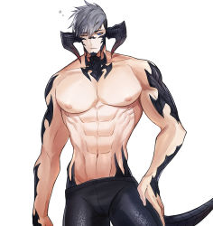 Rule 34 | 1boy, abs, au ra, bara, bare pectorals, beard, black pants, blue eyes, bulge, bursting pectorals, character request, check character, demon boy, demon horns, demon tail, dragon boy, dragon horns, dragon tail, facial hair, final fantasy, final fantasy xiv, grey hair, highres, horns, large pectorals, leather, leather pants, male focus, muscular, muscular male, navel, nipples, pants, pectorals, scales, seum (kao husband), short hair, solo, stomach, tail, thighs, topless male, warrior of light (ff14)