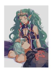 Rule 34 | 1boy, 1girl, armor, braid, byleth (fire emblem), byleth (male) (fire emblem), closed eyes, fire emblem, fire emblem: three houses, green hair, hand on another&#039;s head, highres, lap pillow, long hair, lying, nintendo, nnytnk106, on back, open mouth, pointy ears, ribbon braid, short hair, simple background, sitting, sothis (fire emblem), tiara, twin braids