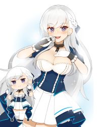 Rule 34 | 1girl, :d, azur lane, belfast (azur lane), blue dress, blue eyes, blush, braid, breasts, broken, broken chain, cap105, chain, chibi, chibi inset, cleavage, collar, commentary request, cowboy shot, dress, french braid, frilled gloves, frills, full body, gloves, hair between eyes, hand on own hip, hand on own chest, hand up, highres, holding, holding microphone, idol, large breasts, long hair, looking at viewer, microphone, music, open mouth, puffy short sleeves, puffy sleeves, short sleeves, showgirl skirt, sidelocks, silver hair, simple background, singing, smile, sparkle, standing, thighhighs, two-tone dress, white background, white dress, white gloves, white thighhighs, zettai ryouiki