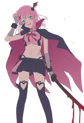 Rule 34 | black cape, black choker, black skirt, blood, bloody weapon, blunt bangs, blush, cape, chiyoda momo, choker, clothing cutout, crazy smile, crop top, fingerless gloves, gloves, green eyes, hair ornament, hairclip, hand up, heart cutout, highres, holding, holding sword, holding weapon, katana, looking at viewer, machikado mazoku, mikazuchi zeus, open mouth, panties, parted bangs, pink hair, pink ribbon, pink top, pleated skirt, ribbon, short hair, side-tie panties, sidelocks, skirt, smile, sword, thighhighs, underwear, weapon, white background, wristband, x hair ornament