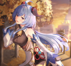 Rule 34 | ahoge, autumn, bare shoulders, bekkuro, bell, black gloves, black legwear, blue hair, blush, bodystocking, bow, bowtie, breasts, chinese knot, covered erect nipples, curled horns, detached sleeves, flower knot, ganyu (genshin impact), genshin impact, gloves, gold trim, highres, horns, leotard, leotard under clothes, long hair, looking at viewer, low ponytail, medium breasts, neck bell, outdoors, purple eyes, sidelocks, smile, smug, solo, sunset, thighlet, vision (genshin impact), waving, white sleeves, wide sleeves