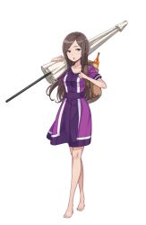 Rule 34 | 1girl, backpack, bag, barefoot, beach umbrella, bottle, breasts, brown hair, cleavage, dorothy (princess principal), feet, full body, highres, long hair, looking at viewer, official art, open mouth, over shoulder, princess principal, princess principal game of mission, purple eyes, purple skirt, skirt, solo, standing, sweatdrop, toes, transparent background, umbrella, wine bottle